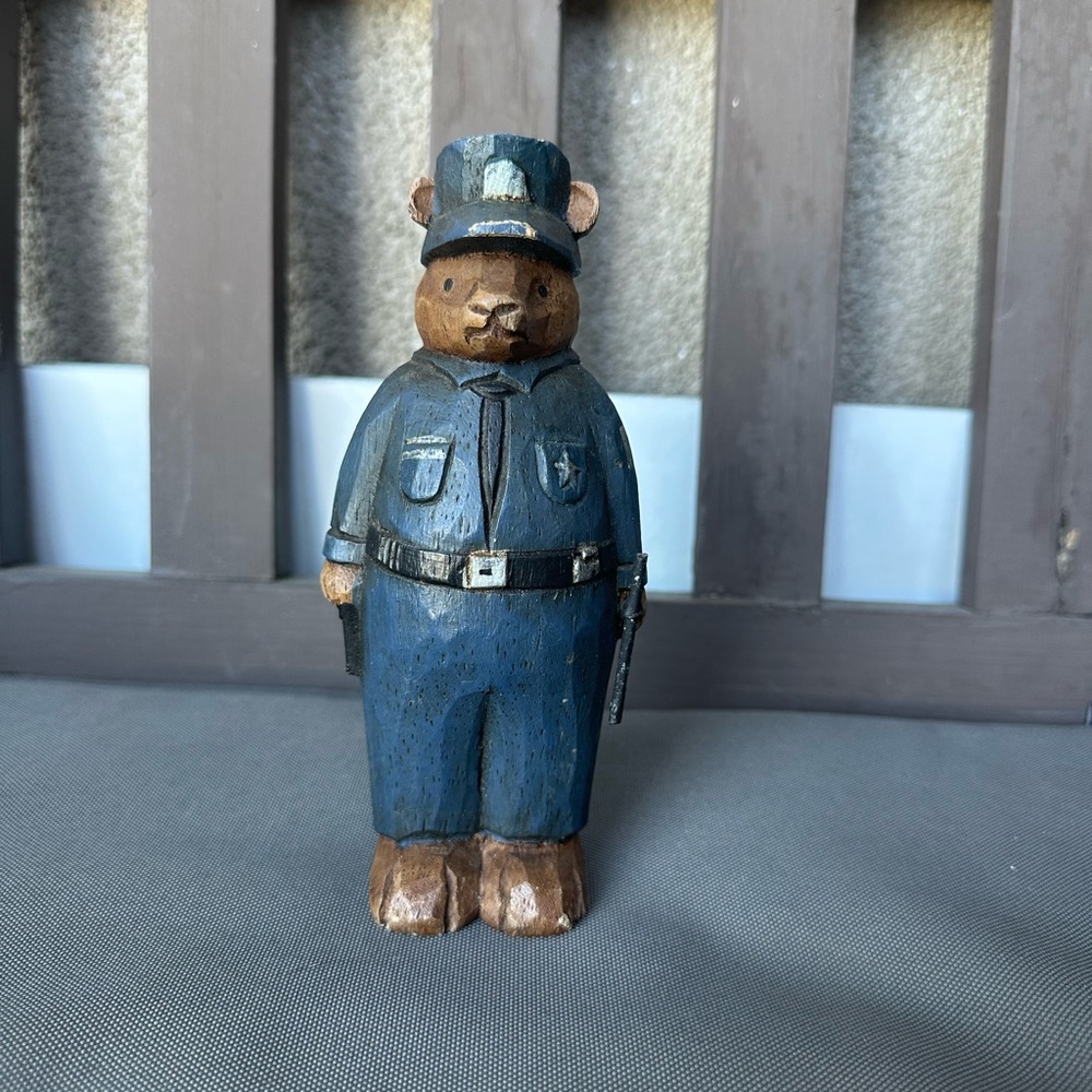 Vintage Wooden Police Bear Figurine